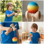 Kendama Cauciucata Curcubeu Grip 18 cm din Lemn Natural, Engros - imagine 2