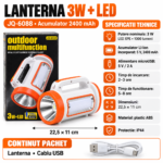 Lanterna 3W + LED cu Incarcare Solara/Priza cu Acumulator de 2400 mAh, Engros - imagine 2